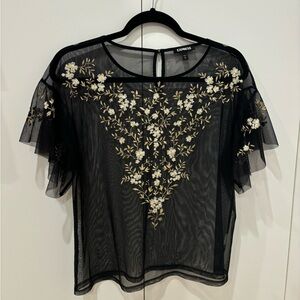 Express Black Floral Embroidered Mesh Women's Top